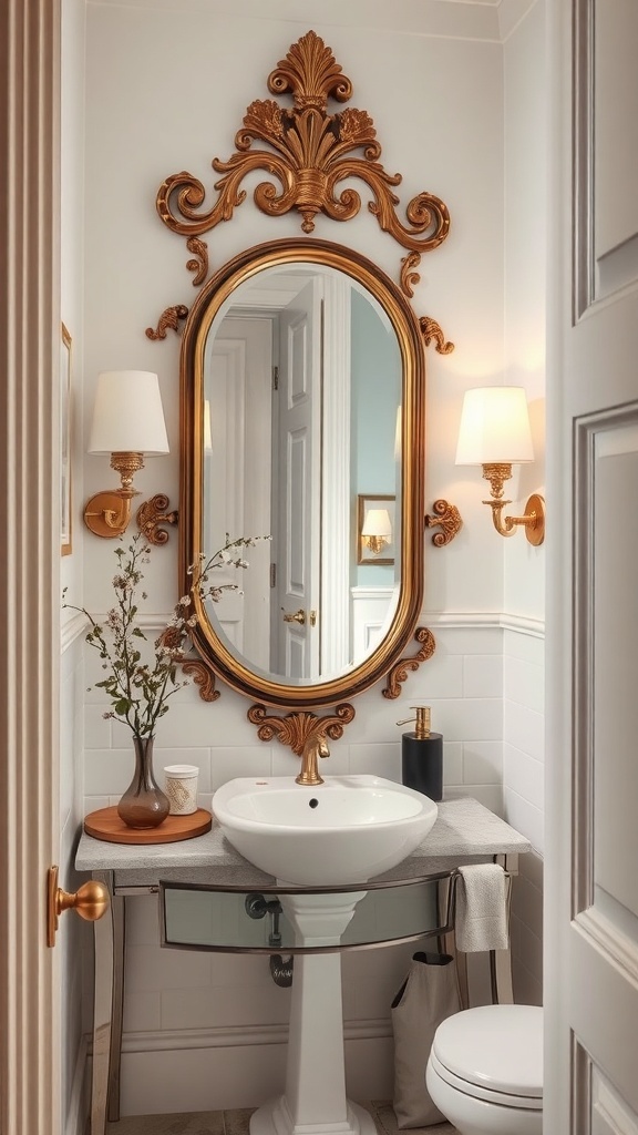 Elegant gold-framed statement mirror in a stylish powder room