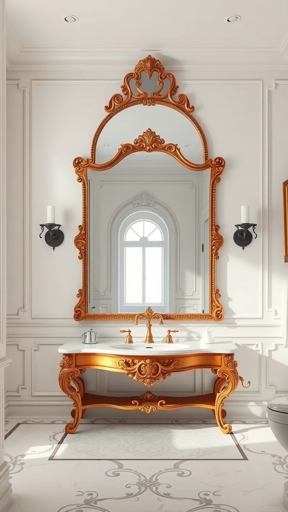 Luxurious bathroom with an ornate golden mirror above a stylish vanity.