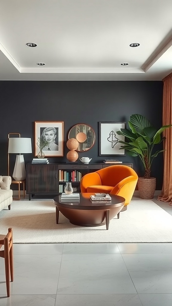 A stylish living room featuring a bright orange chair, dark walls, and a unique coffee table.