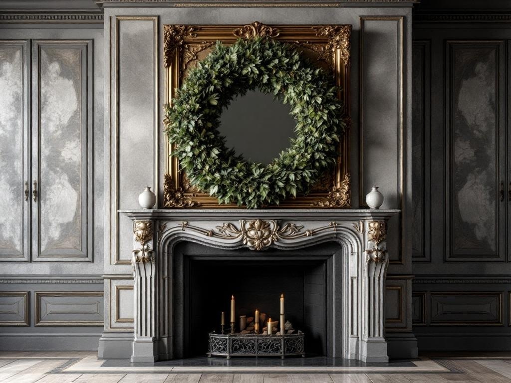 A beautifully decorated fireplace mantel with a large green wreath and candles.