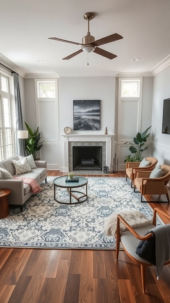A stylish living room featuring a large statement rug with intricate patterns, complemented by neutral furniture and a cozy layout.