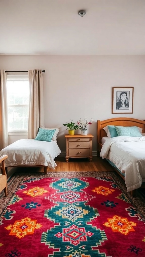 A shared bedroom featuring two beds with a colorful statement rug in the center, creating defined zones for each sleeping area.