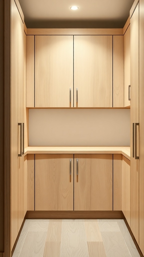 A light wood pantry wall with sleek cabinets and minimalist handles, showcasing the beauty of white oak.
