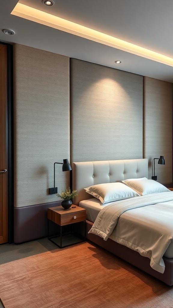 Modern bedroom with wall-mounted fabric panels behind the bed, featuring soft upholstery and stylish lighting.