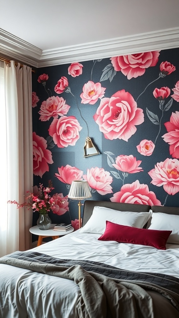 A bedroom with a floral wallpaper accent wall in pink and black, featuring a cozy bed and stylish decor.