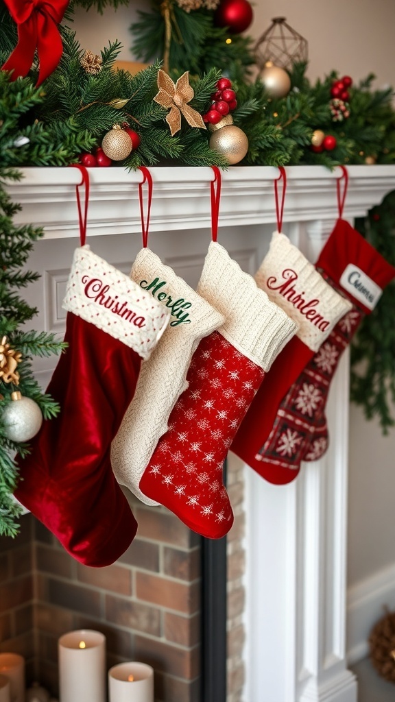 A beautifully decorated mantel with personalized Christmas stockings hanging, surrounded by garland and ornaments.