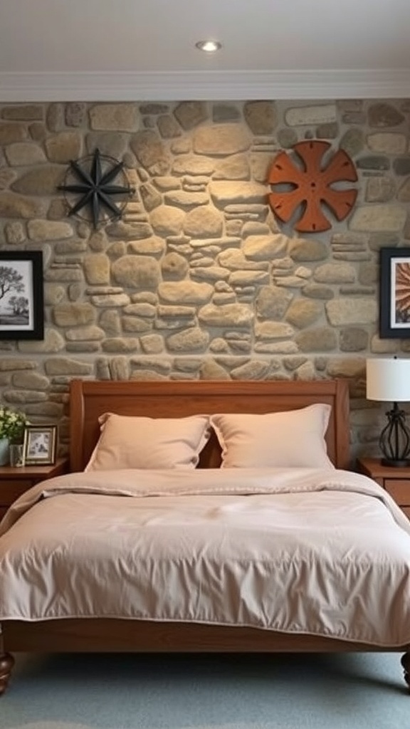 A rustic bedroom featuring a stone accent wall, wooden bed, and decorative wall art.