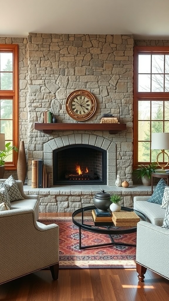 Cozy living room with a stone fireplace, comfortable chairs, and a warm atmosphere.