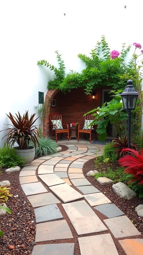 A winding stone path leading to a cozy garden nook with seating surrounded by lush plants.