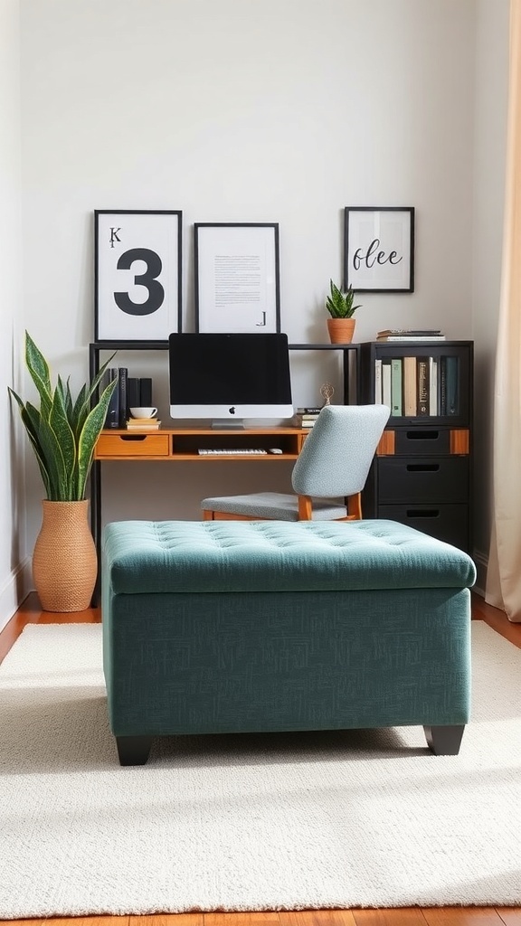 A teal storage ottoman in a compact home office nook with a desk and plants.