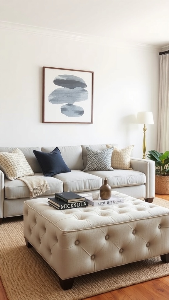 Cozy small living room with a storage ottoman serving as a coffee table.