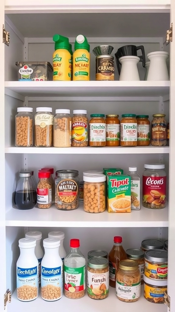 Organized pantry shelves with various food items and containers.