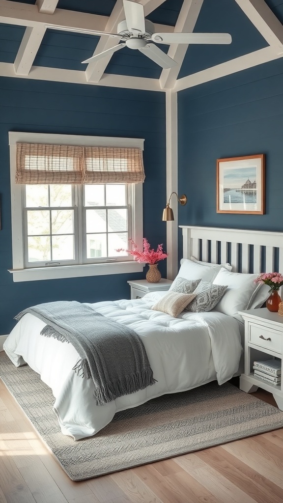 A cozy bedroom featuring stormy blue walls and whitewashed trim, with a bed adorned in soft white bedding and textured throws.