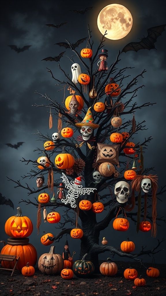 A Halloween tree decorated with pumpkins, skulls, and spooky ornaments under a full moon.