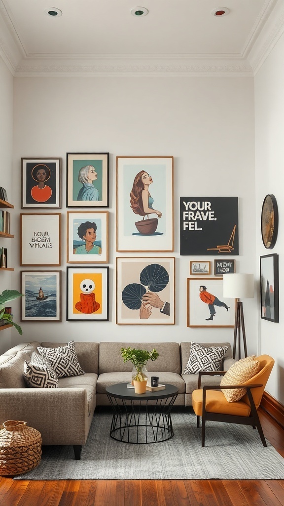 A cozy small living room featuring a gallery wall of framed artwork, a modern sofa, and stylish decor.