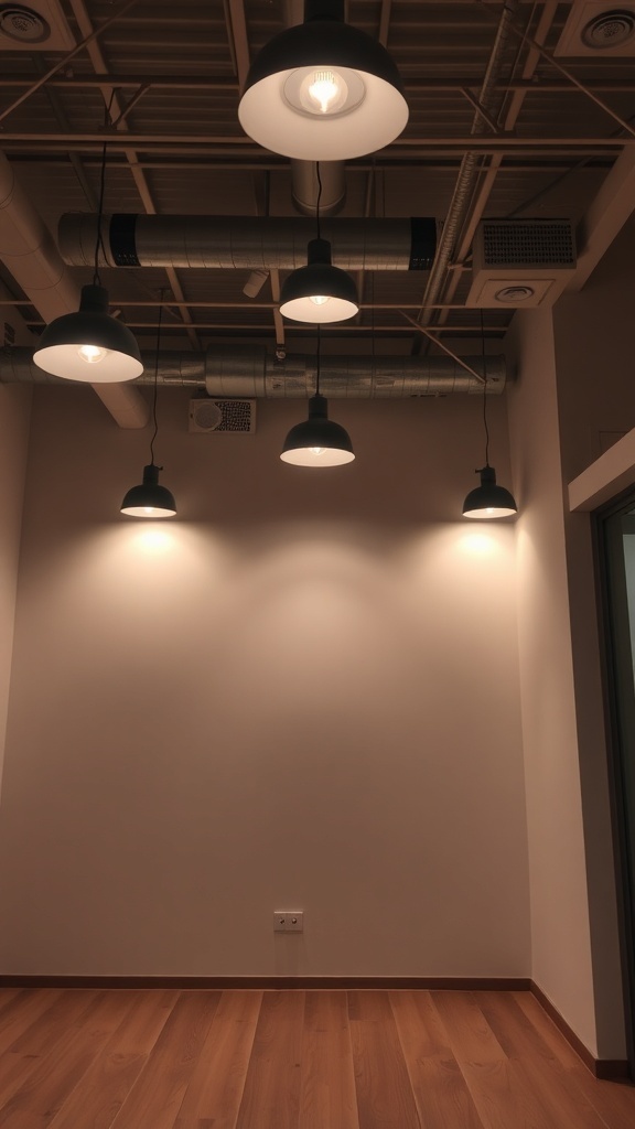Ceiling with multiple pendant lights hanging at different heights.
