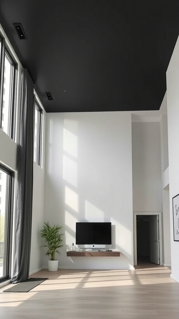 A modern living room with a striking black ceiling and large windows, showcasing a stylish and sophisticated interior.