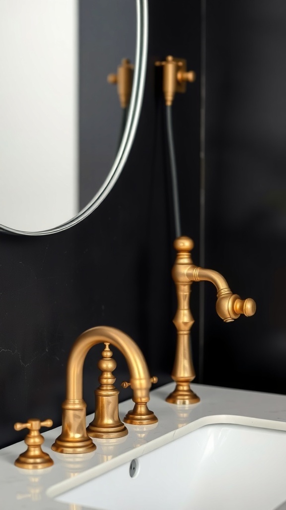 Close-up of gold bathroom hardware against a dark wall