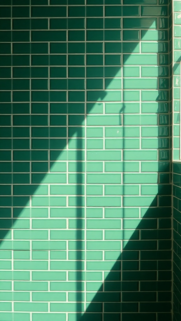 A close-up of a striking green tile feature wall in a small bathroom, showcasing glossy rectangular tiles and natural light casting shadows.