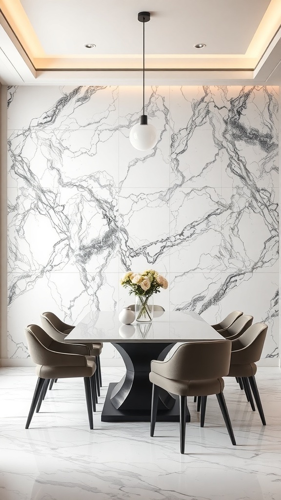 Modern dining room featuring a bold marble accent wall, velvet dining chairs, and minimalist pendant lighting.
