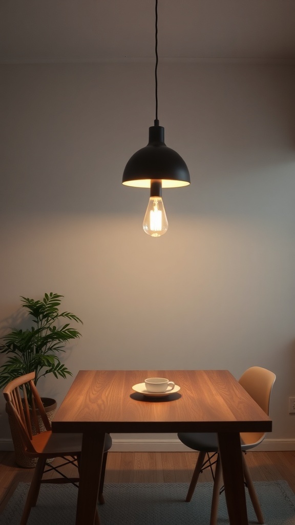 A modern pendant light fixture hanging above a wooden dining table with fabric chairs.