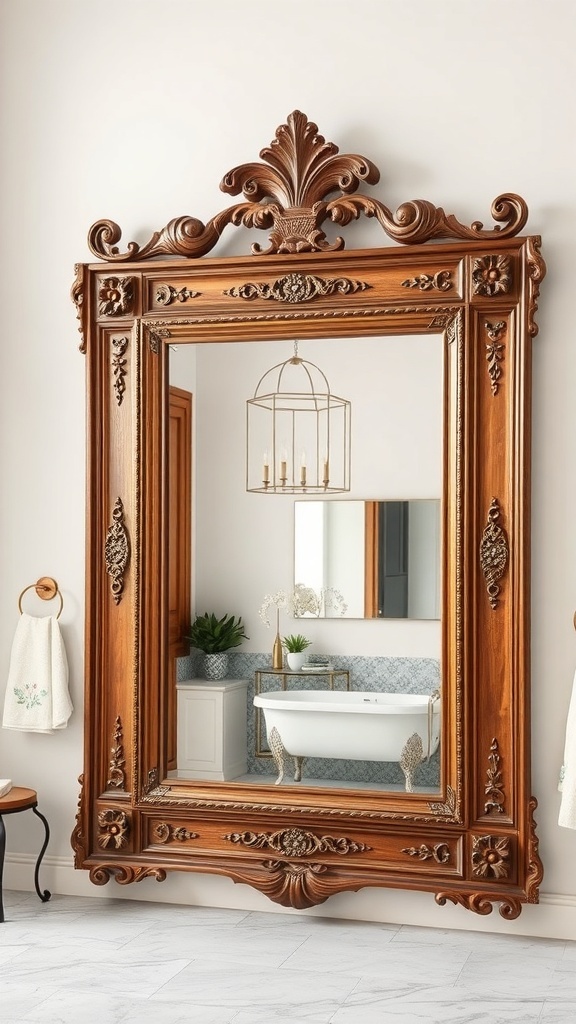 A large ornate wooden mirror with intricate details, reflecting a stylish bathroom with a bathtub and modern decor.