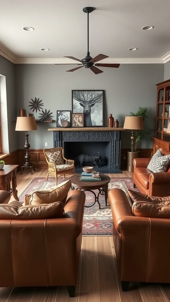 A masculine living room featuring leather sofas, a dark fireplace, and wooden shelves.