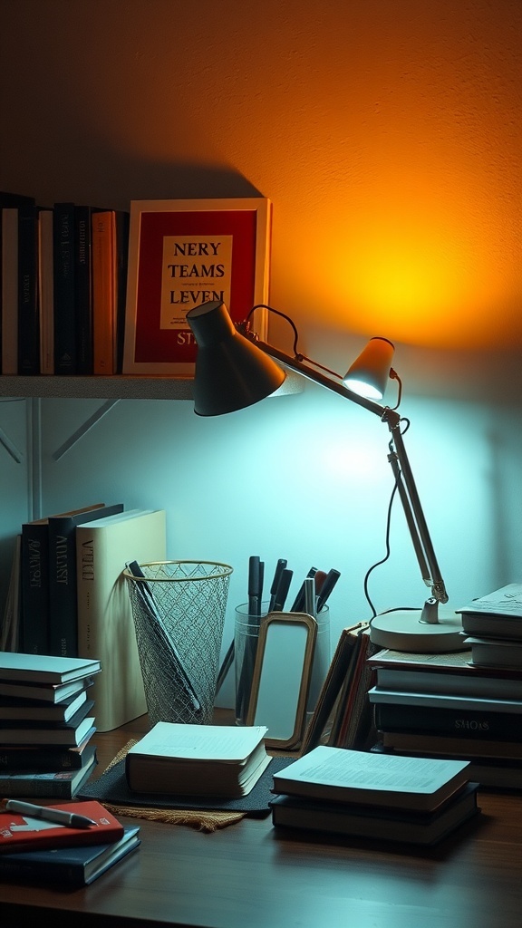 A cozy study desk with a ghost reading book lamp, books, and stationery.