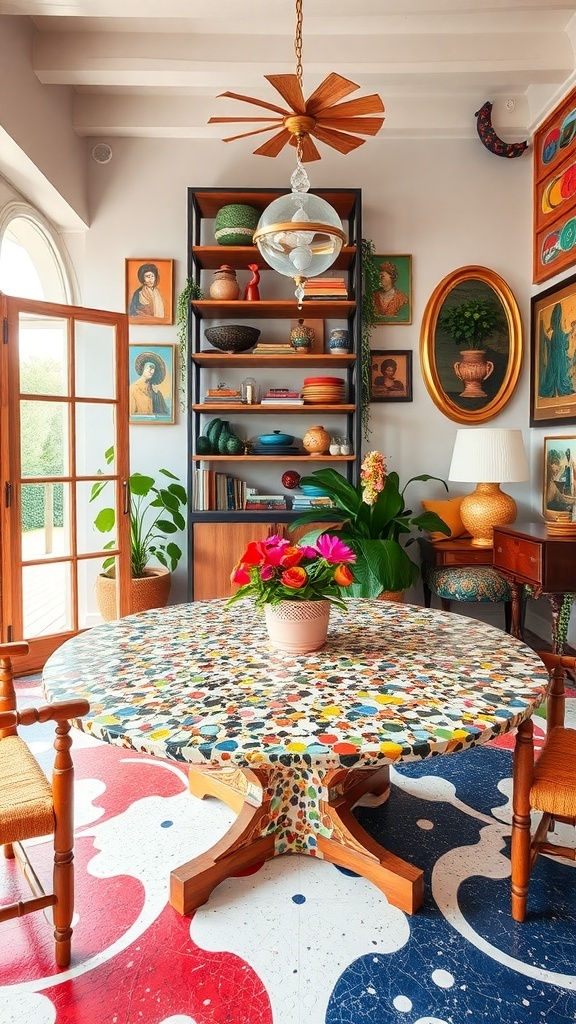 A colorful terrazzo side table with a flower arrangement, surrounded by eclectic decor including art and plants.