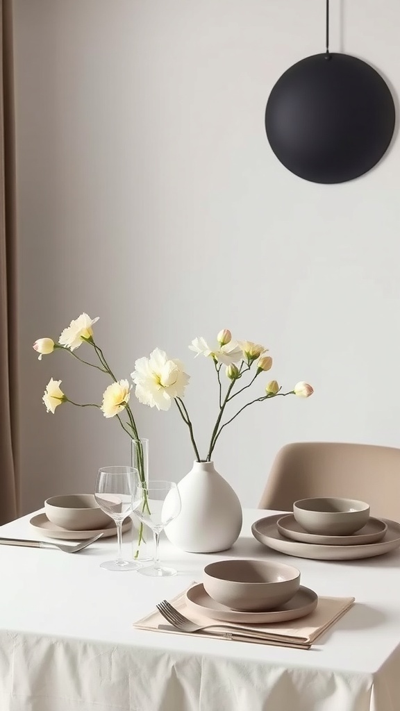A modern minimalist table setting featuring neutral dinnerware and delicate flowers in a sleek vase.