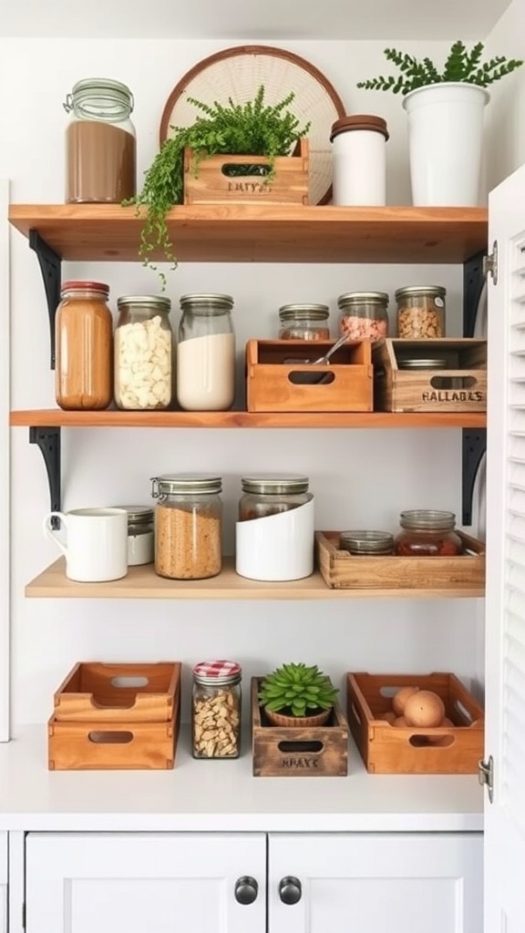 Organized pantry shelves with glass jars, wooden crates, and a small plant.