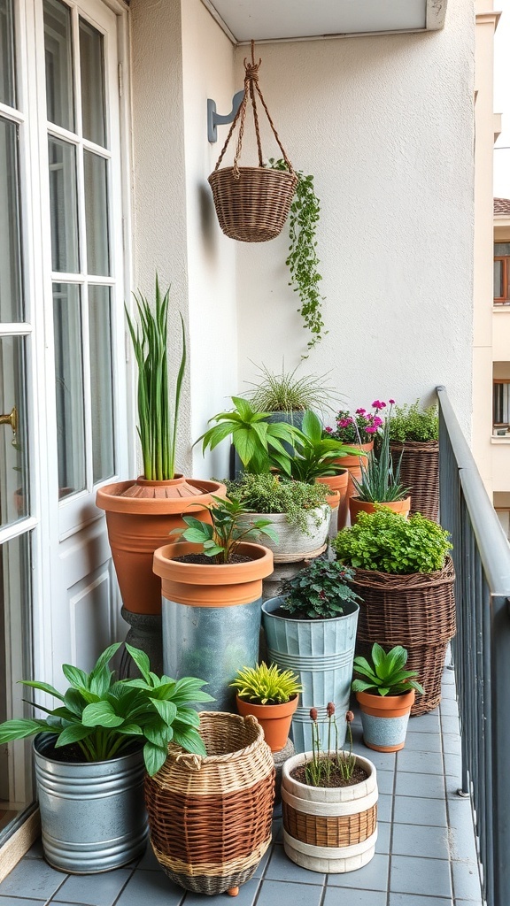 A balcony filled with various decorative planter boxes, including woven baskets and terracotta pots, showcasing a variety of plants.