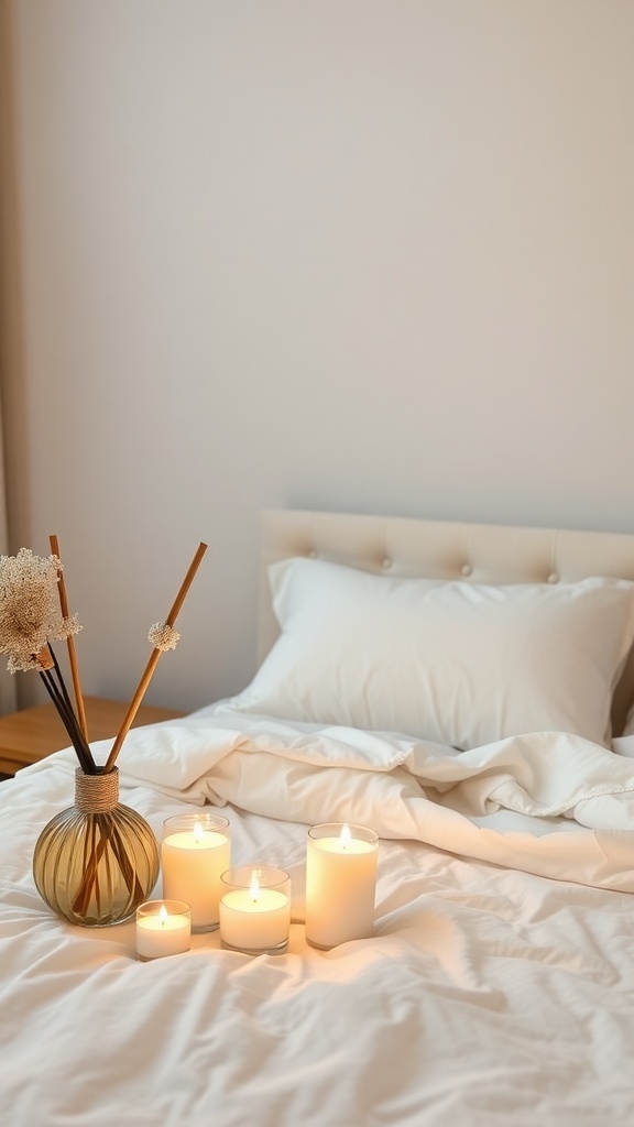 A cozy dark feminine bedroom with candles and a vase of dried flowers on the bed.