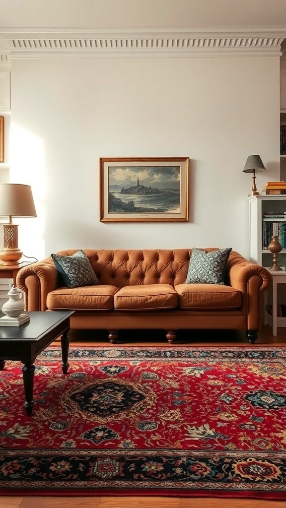 A cozy living room featuring a brown sofa on a traditional Persian rug, with decorative pillows and a warm lighting ambiance.