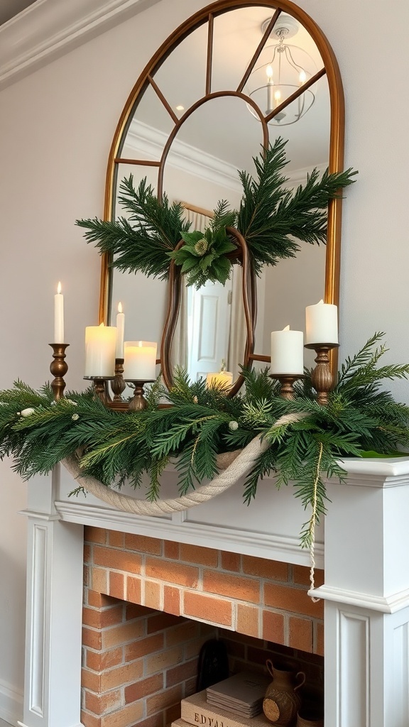 A beautifully styled mantel with greenery, candles, and a mirror, creating a cozy winter atmosphere.