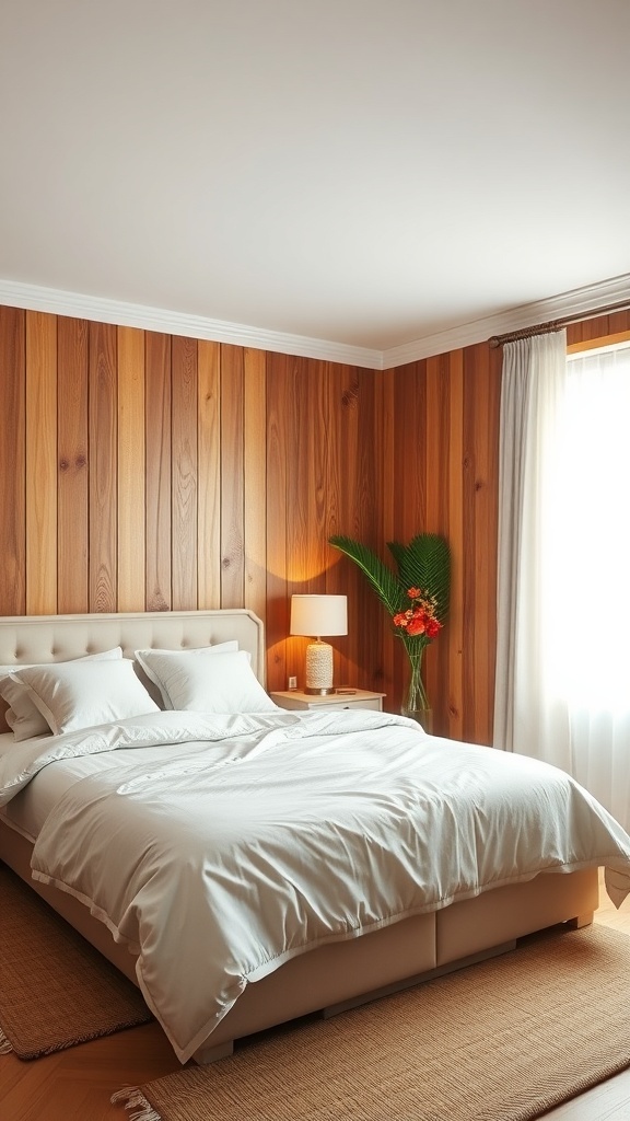 A cozy bedroom featuring wooden panel walls, a plush bed with white bedding, and warm lighting.