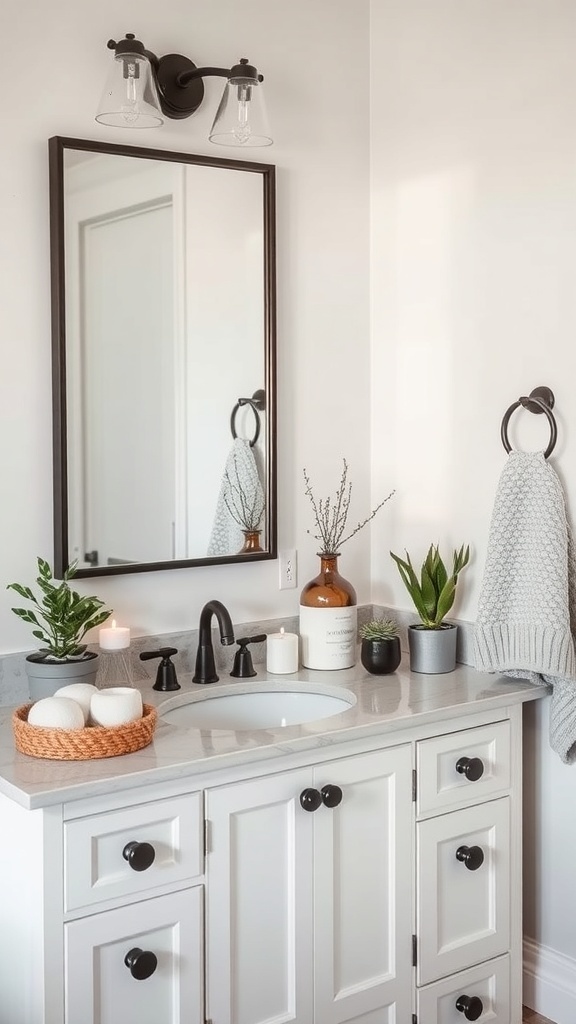 A stylish bathroom vanity featuring a white cabinet, grey countertop, and decorative elements like plants and candles.