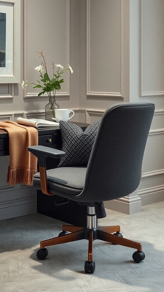 Stylish office chair with a modern design, featuring soft fabric and wooden accents, placed in a well-decorated home office.