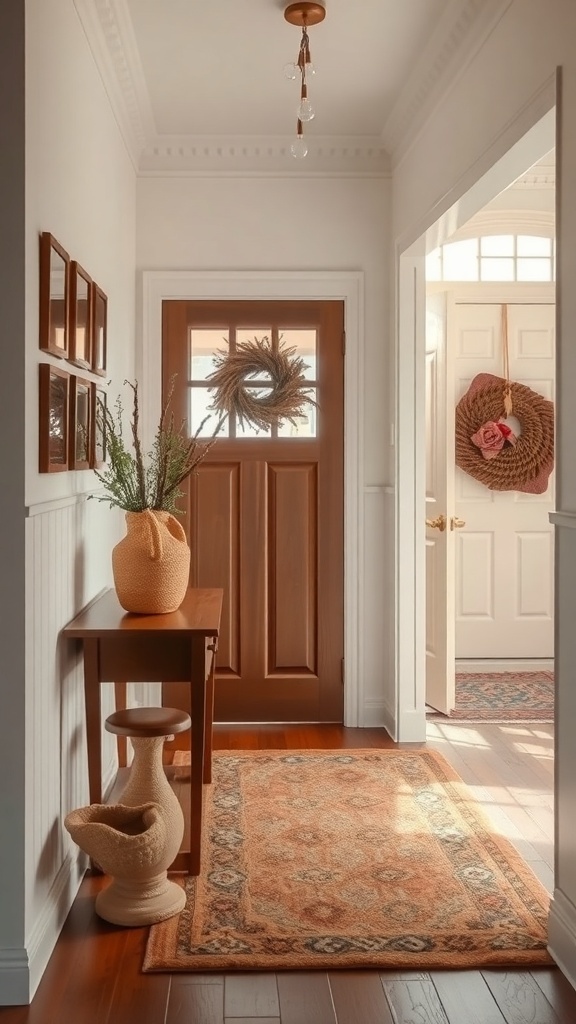 A cozy entryway featuring a warm-toned area rug, wooden flooring, and decorative elements.