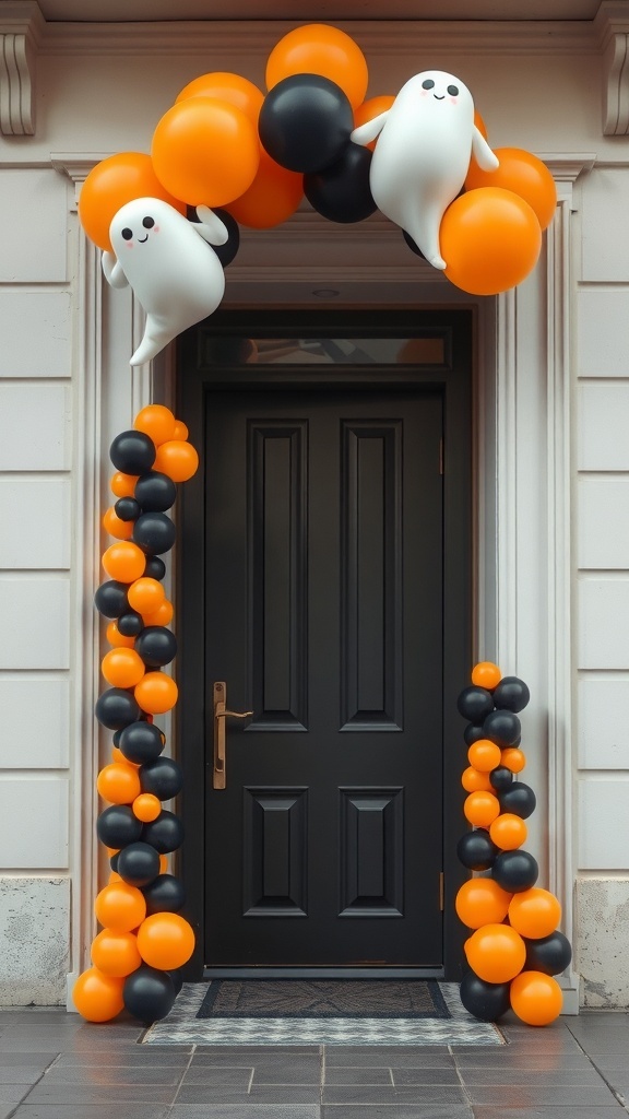A stylish balloon arch featuring orange and black balloons with ghost accents, framing a black door.