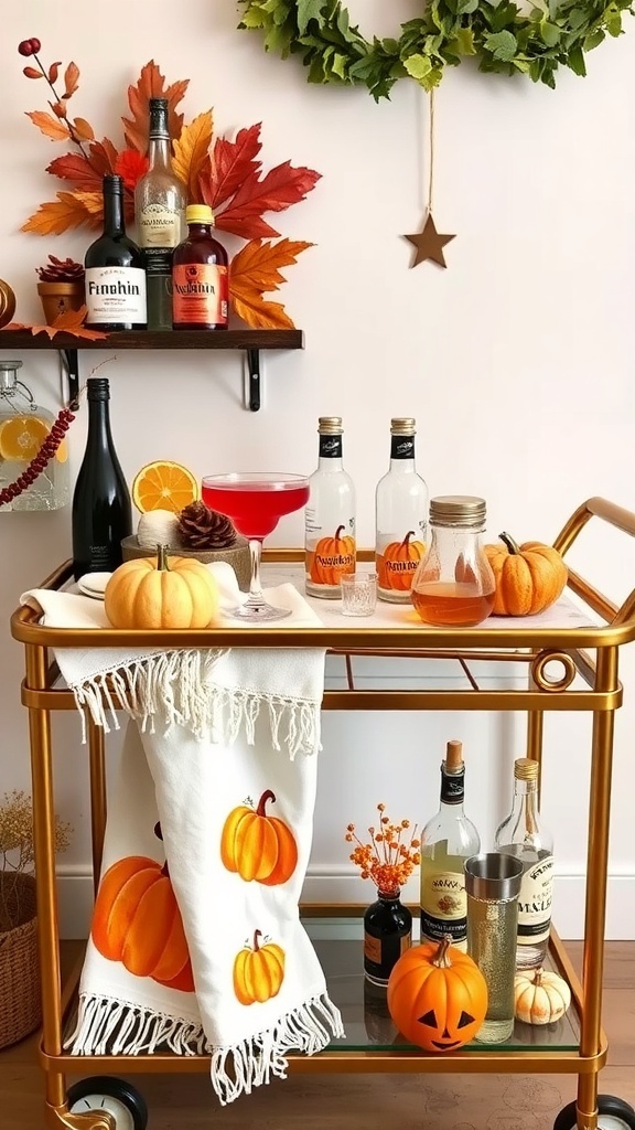 A stylish bar cart decorated with pumpkin-themed cotton towels, seasonal drinks, and autumn leaves.