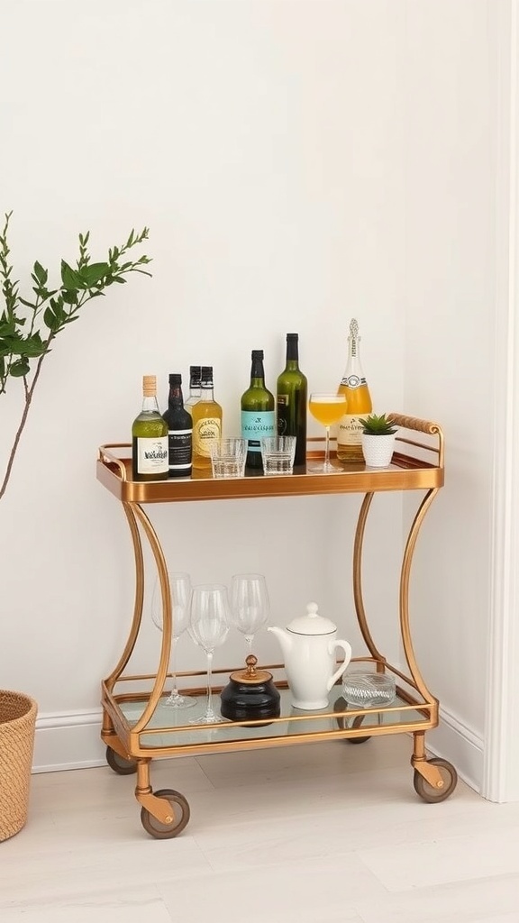 Stylish gold bar cart with various bottles and glassware, complemented by a small plant.