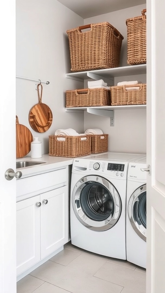 Laundry room with white cabinetry, stacked washer and dryer, and stylish woven baskets on shelves.