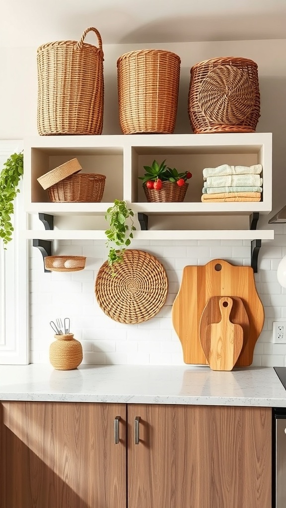 Stylish woven baskets arranged above kitchen cabinets for storage and decor.