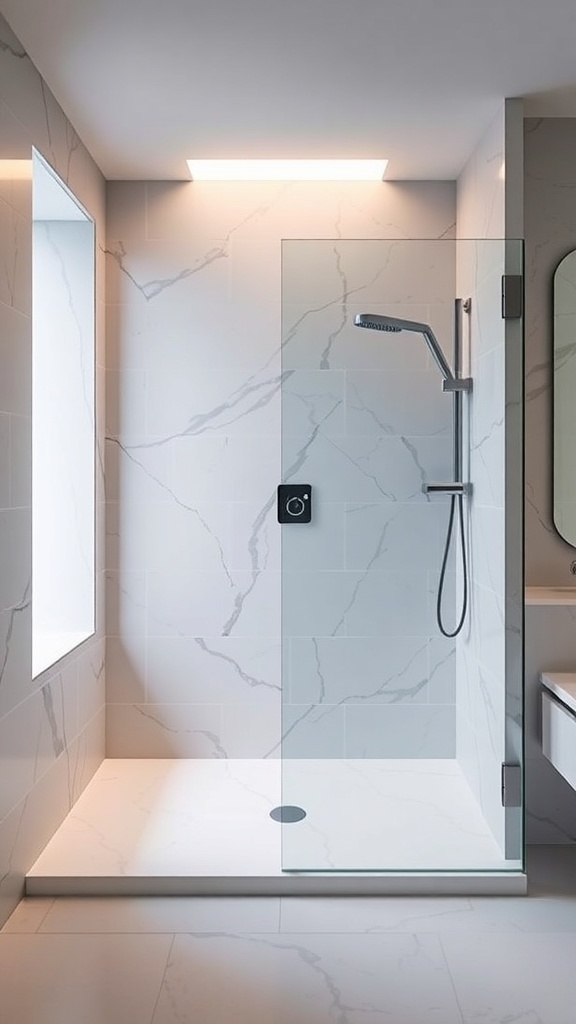 Modern bathroom shower area with marble tiles and glass panel