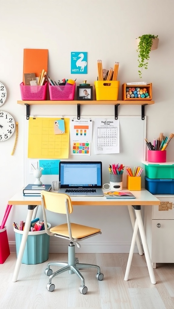 A colorful and organized study zone with a desk, chair, and storage bins.
