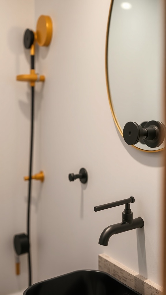 Stylish bathroom fixtures featuring a black faucet, gold accents, and a round mirror.