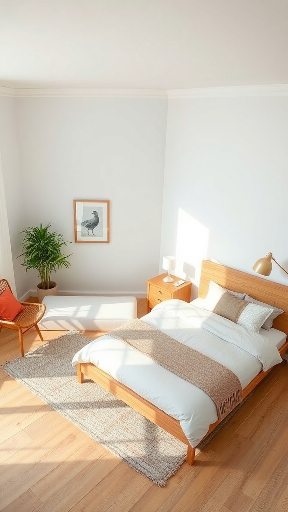 A stylishly arranged bedroom featuring a wooden bed, side tables, a chair, and a plant, with soft lighting and artwork.