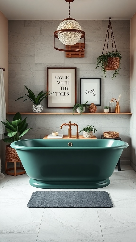 A stylish dark green bathtub in a modern bathroom setting.