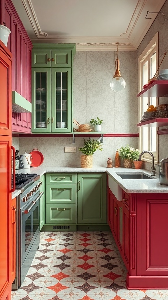 A stylish kitchen featuring vibrant red and green cabinets, patterned flooring, and chic lighting.
